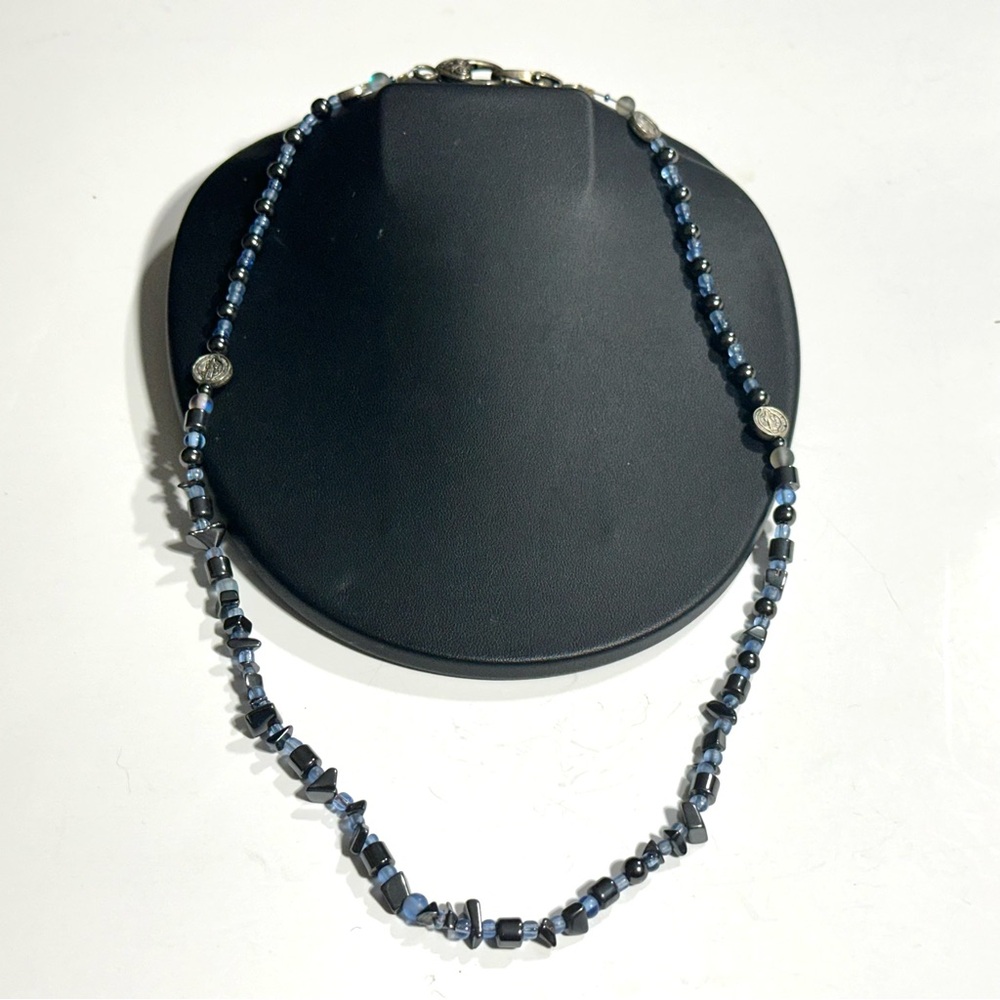 Saint Benedict Hematite Pale Blue & Black Beaded Necklace Catholic Saint